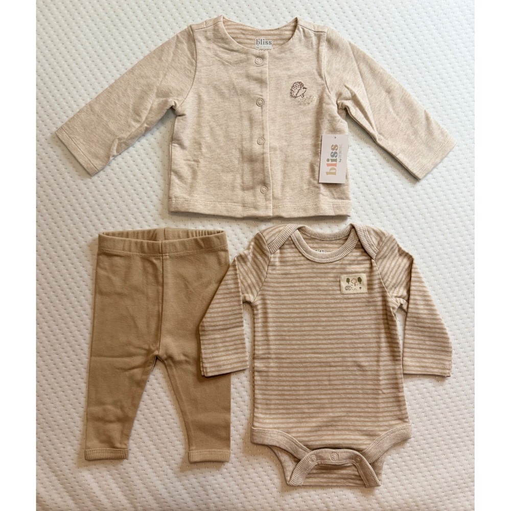 Bliss by Garanimals Baby 3pc Outfit Set Cardigan Bodysuit Leggings Sesame 0-3M